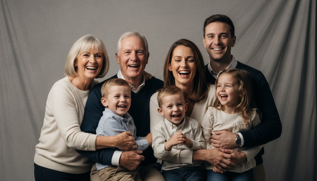 An emotionally powerful, cinematic photograph captured during a Cranbourne Studio Photography for Timeless Family Portraits session, featuring a multi-generational family laughing genuinely under dramatic, soft studio lighting, creating a warm and sophisticated portrait that highlights connection and joy.