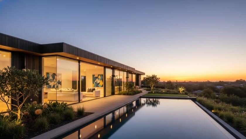 A wide-angle, dramatically lit photograph capturing the expansive, sun-drenched living area of a modern Cranbourne Victoria professional real estate photography listing, showcasing elegant staging and a seamless indoor-outdoor flow to a manicured garden at twilight, conveying luxury and potential.