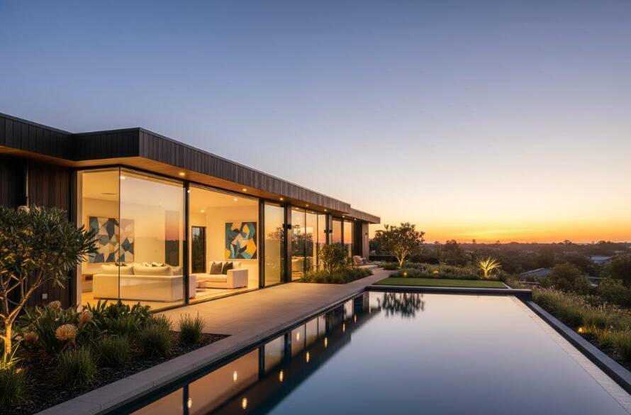 A wide-angle, dramatically lit photograph capturing the expansive, sun-drenched living area of a modern Cranbourne Victoria professional real estate photography listing, showcasing elegant staging and a seamless indoor-outdoor flow to a manicured garden at twilight, conveying luxury and potential.