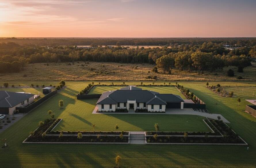 An epic aerial view showcasing a modern home in Cranbourne West, Victoria, surrounded by lush green landscapes at sunset, captured with professional Cranbourne West aerial property photography, highlighting the property's expansive appeal.