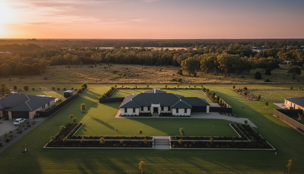 An epic aerial view showcasing a modern home in Cranbourne West, Victoria, surrounded by lush green landscapes at sunset, captured with professional Cranbourne West aerial property photography, highlighting the property's expansive appeal.
