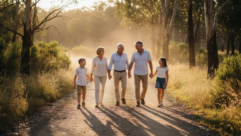 A captivating, professionally color-graded wide shot showcasing a family's emotional connection amidst the golden hour light in a natural setting near Cranbourne West, embodying the essence of Cranbourne West bespoke fine art photography experiences with dramatic lighting.