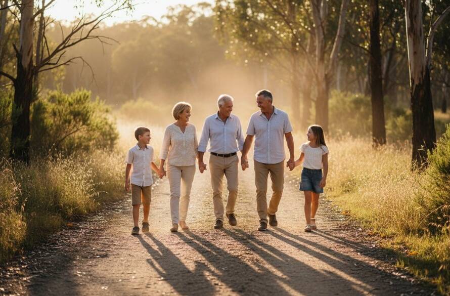 A captivating, professionally color-graded wide shot showcasing a family's emotional connection amidst the golden hour light in a natural setting near Cranbourne West, embodying the essence of Cranbourne West bespoke fine art photography experiences with dramatic lighting.