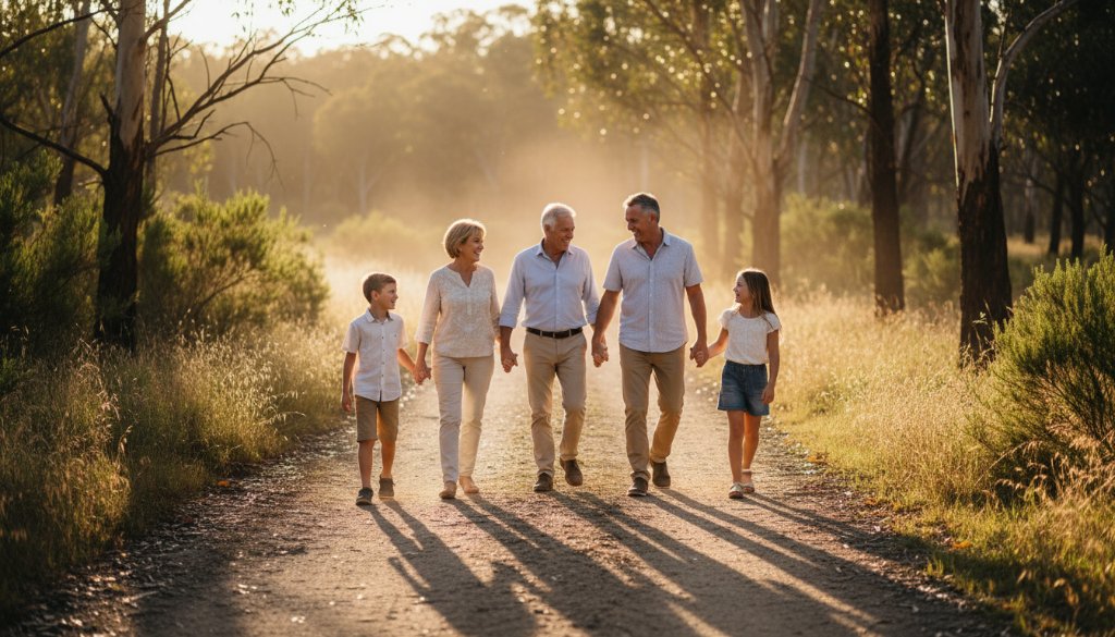 A captivating, professionally color-graded wide shot showcasing a family's emotional connection amidst the golden hour light in a natural setting near Cranbourne West, embodying the essence of Cranbourne West bespoke fine art photography experiences with dramatic lighting.