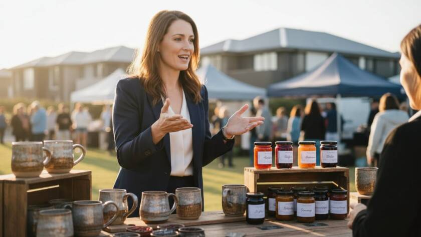Dynamic wide shot capturing a female entrepreneur confidently interacting with a client in a modern, light-filled cafe in Cranbourne West, showcasing Cranbourne West business branding photography excellence. Dramatic lighting highlights their genuine connection, conveying professionalism and approachability in an authentic 'epic moment'.
