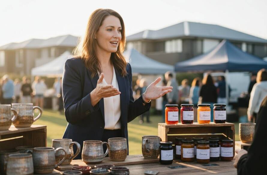 Dynamic wide shot capturing a female entrepreneur confidently interacting with a client in a modern, light-filled cafe in Cranbourne West, showcasing Cranbourne West business branding photography excellence. Dramatic lighting highlights their genuine connection, conveying professionalism and approachability in an authentic 'epic moment'.