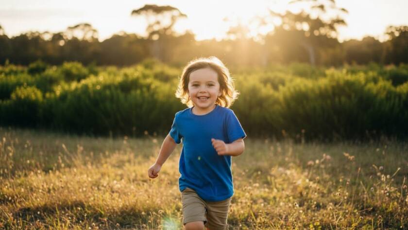 An epic moment of pure joy captured in Cranbourne West candid kids photography for natural smiles, featuring a child laughing exuberantly while running through a sun-dappled park, with vibrant green foliage and golden afternoon light illuminating their expression.