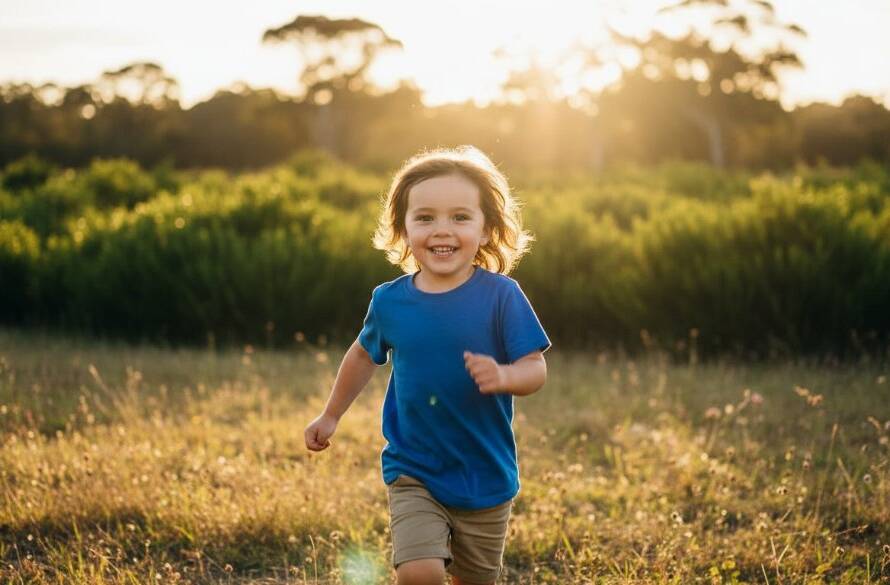 An epic moment of pure joy captured in Cranbourne West candid kids photography for natural smiles, featuring a child laughing exuberantly while running through a sun-dappled park, with vibrant green foliage and golden afternoon light illuminating their expression.