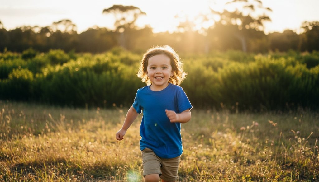 An epic moment of pure joy captured in Cranbourne West candid kids photography for natural smiles, featuring a child laughing exuberantly while running through a sun-dappled park, with vibrant green foliage and golden afternoon light illuminating their expression.