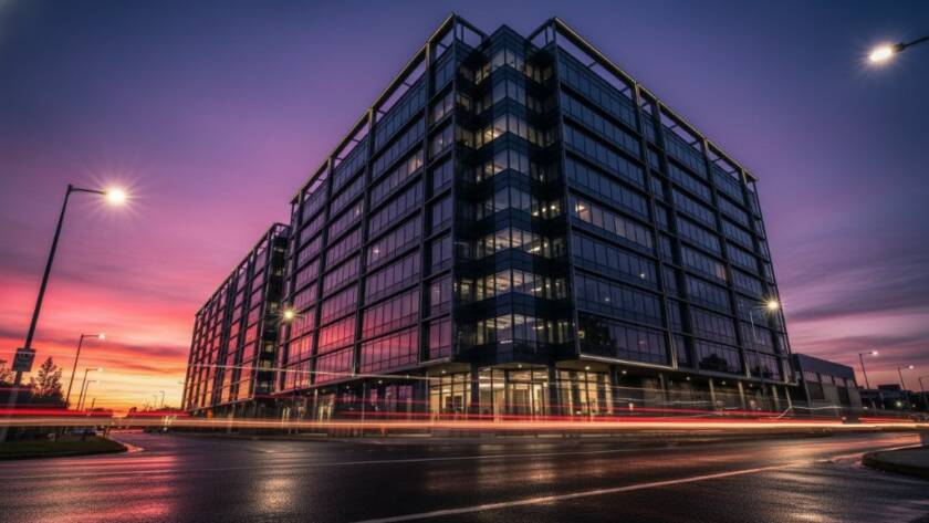 An epic long-exposure shot of a striking, modern commercial building in Cranbourne West, Victoria, featuring dynamic light trails from passing vehicles and a dramatic twilight sky, expertly showcasing Cranbourne West contemporary architecture photography.