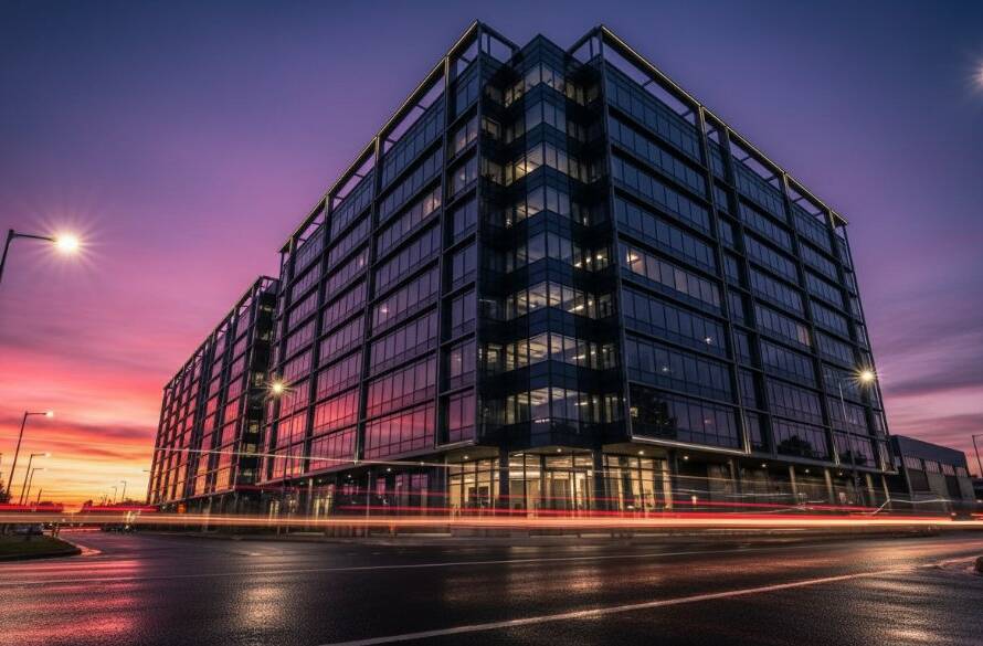 An epic long-exposure shot of a striking, modern commercial building in Cranbourne West, Victoria, featuring dynamic light trails from passing vehicles and a dramatic twilight sky, expertly showcasing Cranbourne West contemporary architecture photography.