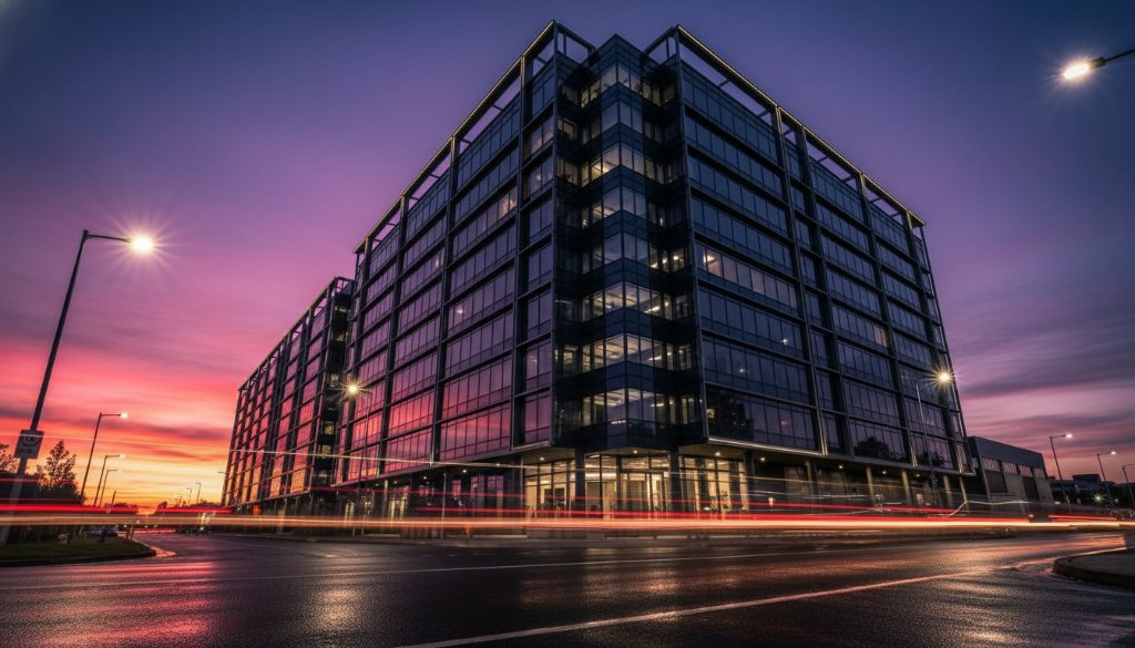 An epic long-exposure shot of a striking, modern commercial building in Cranbourne West, Victoria, featuring dynamic light trails from passing vehicles and a dramatic twilight sky, expertly showcasing Cranbourne West contemporary architecture photography.