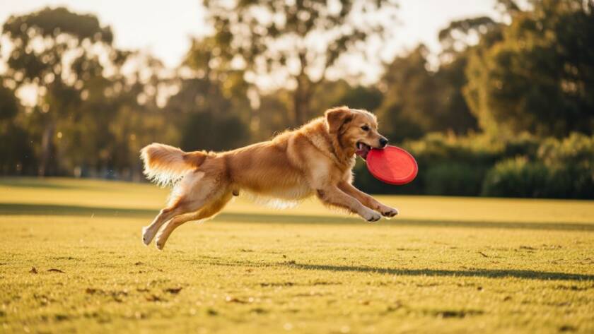 An epic moment of a joyful golden retriever mid-leap, catching a red frisbee in a sun-drenched Cranbourne West park at golden hour, exemplifying Cranbourne West dog photography joyful moments.