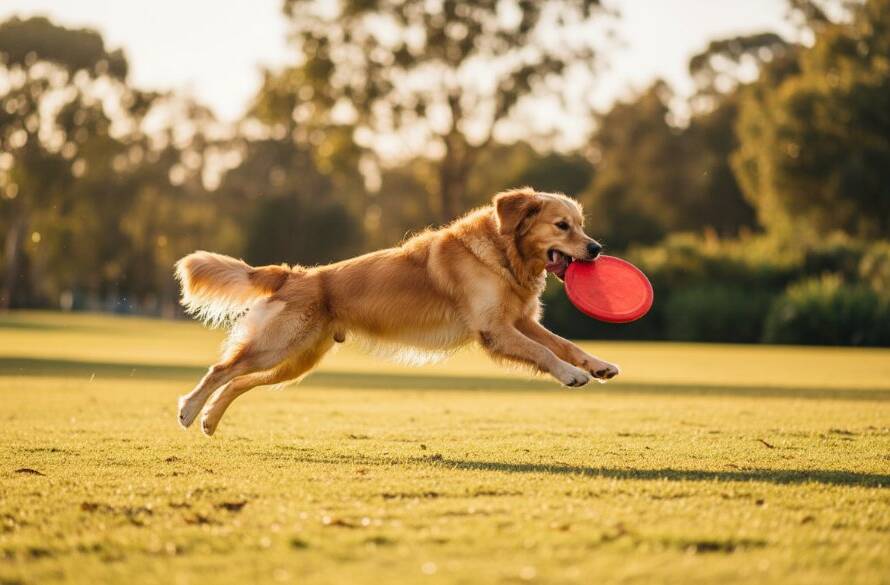An epic moment of a joyful golden retriever mid-leap, catching a red frisbee in a sun-drenched Cranbourne West park at golden hour, exemplifying Cranbourne West dog photography joyful moments.