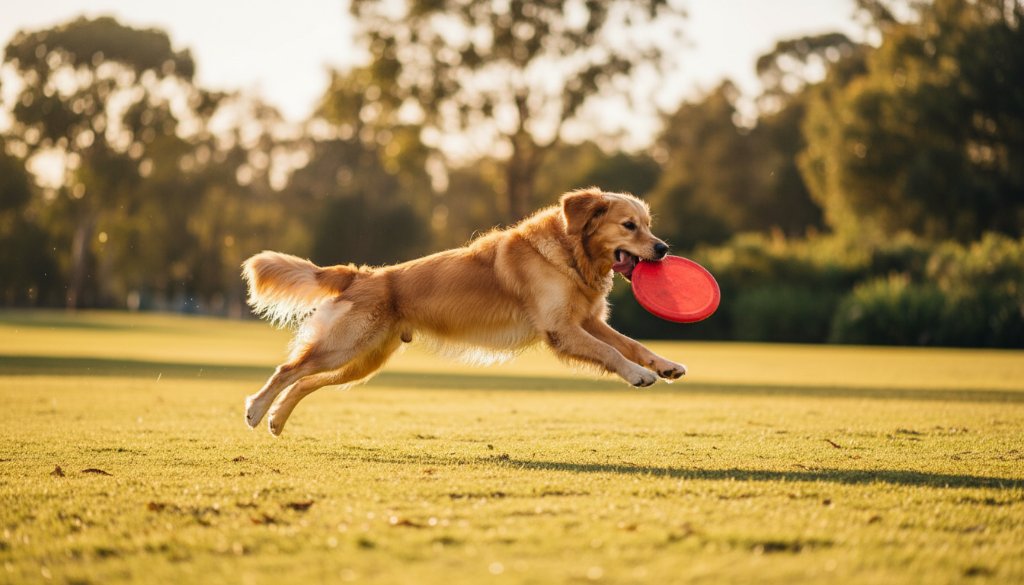 An epic moment of a joyful golden retriever mid-leap, catching a red frisbee in a sun-drenched Cranbourne West park at golden hour, exemplifying Cranbourne West dog photography joyful moments.
