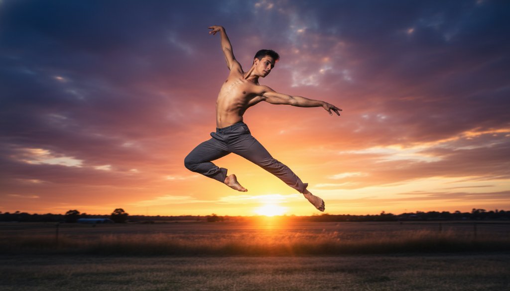 A male contemporary dancer in mid-air, silhouetted against a dramatic sunset over Cranbourne West, showcasing the power and elegance typical of Cranbourne West dynamic dance photography for performing artists. The image is professionally colour-graded with dramatic lighting.