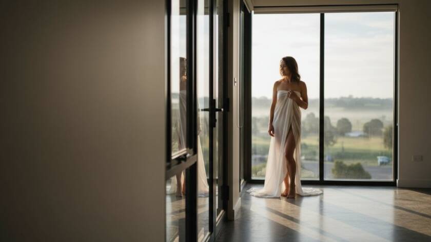An epic moment captured in Cranbourne West Empowering Boudoir Photography, featuring a woman elegantly posed by a window, bathed in soft, dramatic morning light, celebrating her strength and femininity.