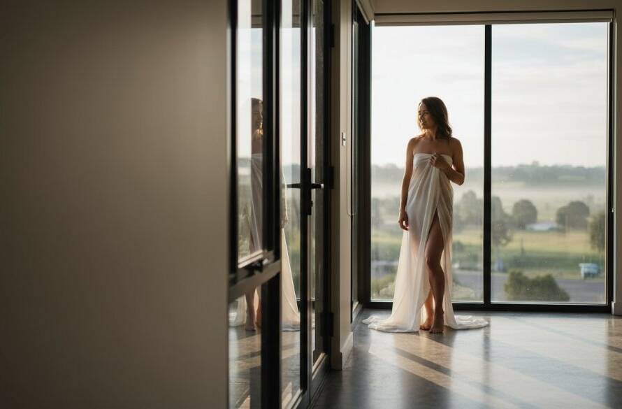 An epic moment captured in Cranbourne West Empowering Boudoir Photography, featuring a woman elegantly posed by a window, bathed in soft, dramatic morning light, celebrating her strength and femininity.