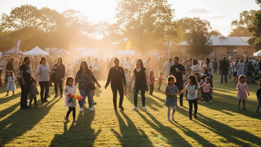 An emotional wide-angle shot of a joyous community gathering during a Cranbourne West event photography capturing unforgettable moments, with golden hour light silhouetting attendees dancing and laughing at the Cranbourne West Community Centre outdoor area, showcasing genuine connection and professional artistry.