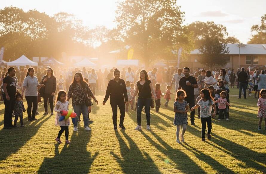 An emotional wide-angle shot of a joyous community gathering during a Cranbourne West event photography capturing unforgettable moments, with golden hour light silhouetting attendees dancing and laughing at the Cranbourne West Community Centre outdoor area, showcasing genuine connection and professional artistry.