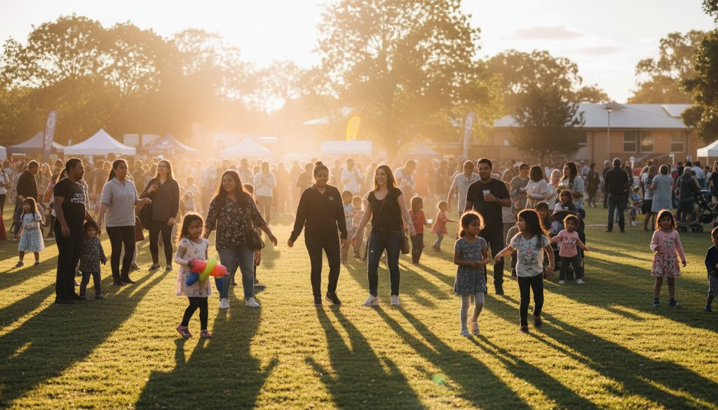 An emotional wide-angle shot of a joyous community gathering during a Cranbourne West event photography capturing unforgettable moments, with golden hour light silhouetting attendees dancing and laughing at the Cranbourne West Community Centre outdoor area, showcasing genuine connection and professional artistry.