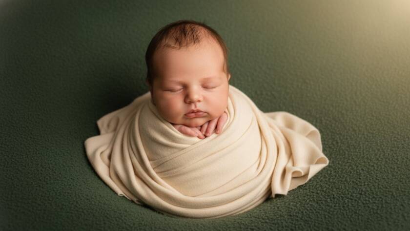 A serene, artistic portrait of a newborn baby gently swaddled in soft, earthy tones, dreaming peacefully on a textured blanket, with subtle, ethereal light illuminating their tiny features. This 'epic moment' photograph perfectly encapsulates the essence of Cranbourne West heartfelt newborn photography Victoria, celebrating new life with warmth and timeless elegance.