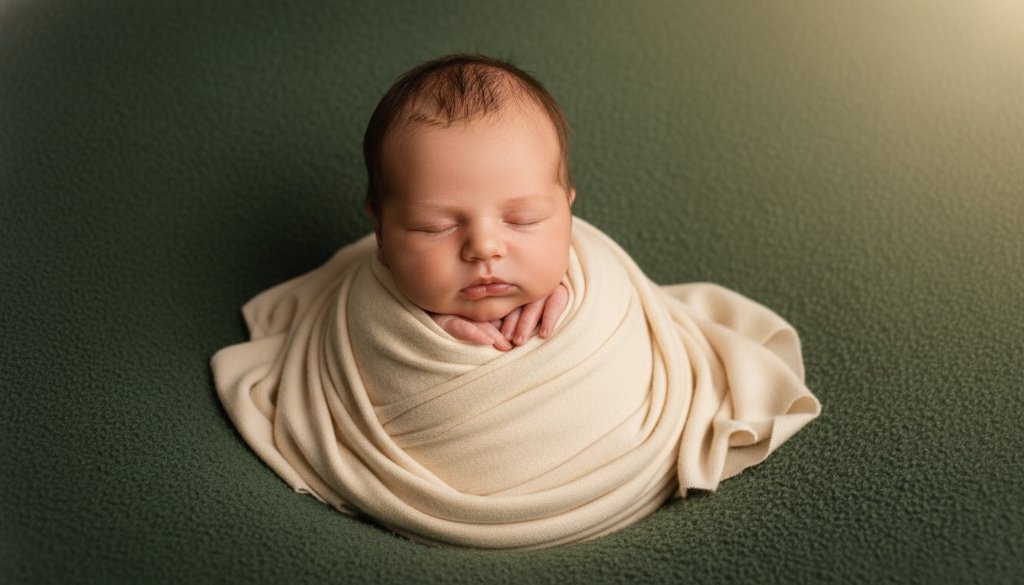 A serene, artistic portrait of a newborn baby gently swaddled in soft, earthy tones, dreaming peacefully on a textured blanket, with subtle, ethereal light illuminating their tiny features. This 'epic moment' photograph perfectly encapsulates the essence of Cranbourne West heartfelt newborn photography Victoria, celebrating new life with warmth and timeless elegance.