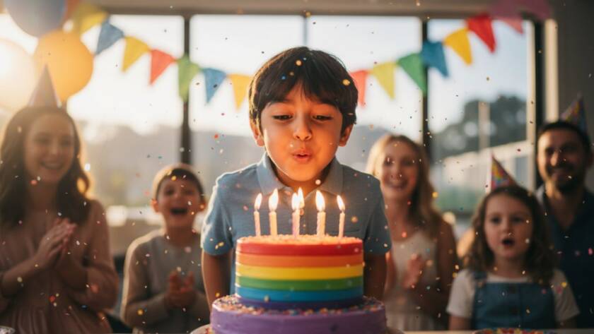 A vibrant and joy-filled photograph by a Cranbourne West Kids Birthday Party Photographer, capturing a child's ecstatic expression as they blow out candles on a colourful birthday cake, surrounded by friends and confetti, with dramatic, warm lighting highlighting the pure happiness.