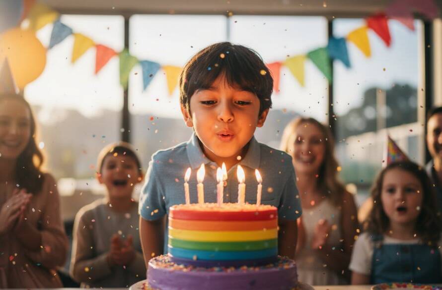 A vibrant and joy-filled photograph by a Cranbourne West Kids Birthday Party Photographer, capturing a child's ecstatic expression as they blow out candles on a colourful birthday cake, surrounded by friends and confetti, with dramatic, warm lighting highlighting the pure happiness.