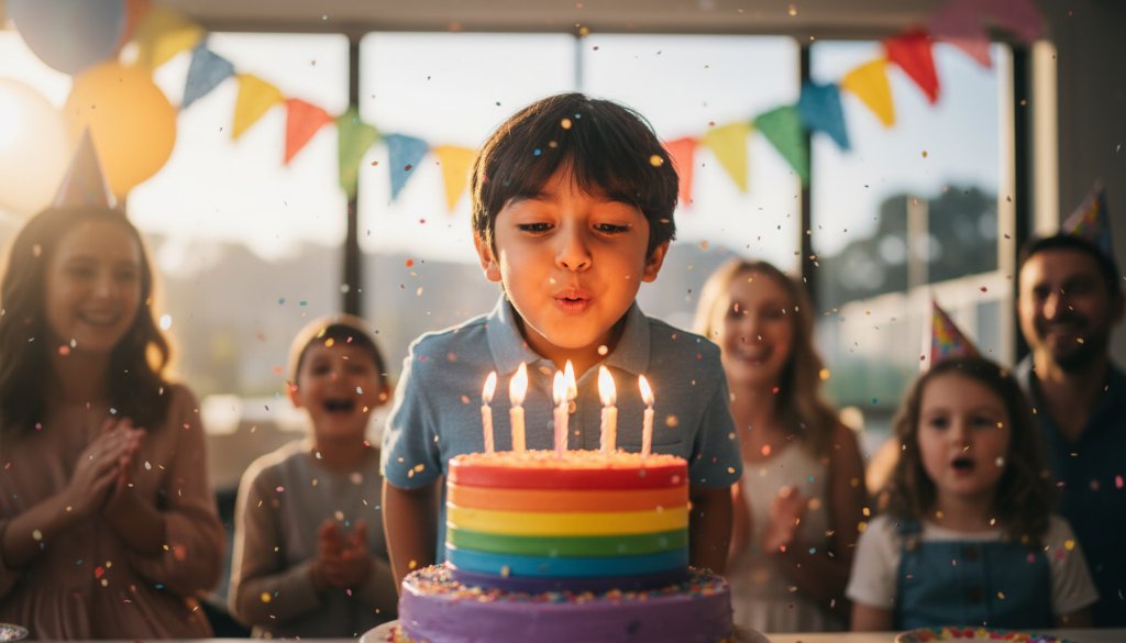 A vibrant and joy-filled photograph by a Cranbourne West Kids Birthday Party Photographer, capturing a child's ecstatic expression as they blow out candles on a colourful birthday cake, surrounded by friends and confetti, with dramatic, warm lighting highlighting the pure happiness.
