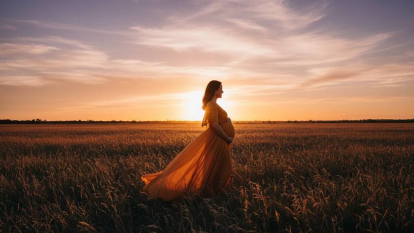 An expectant mother, glowing in a flowing gown, poses against a serene sunset backdrop during her Cranbourne West outdoor maternity photoshoot, capturing an epic moment of natural beauty and anticipation.
