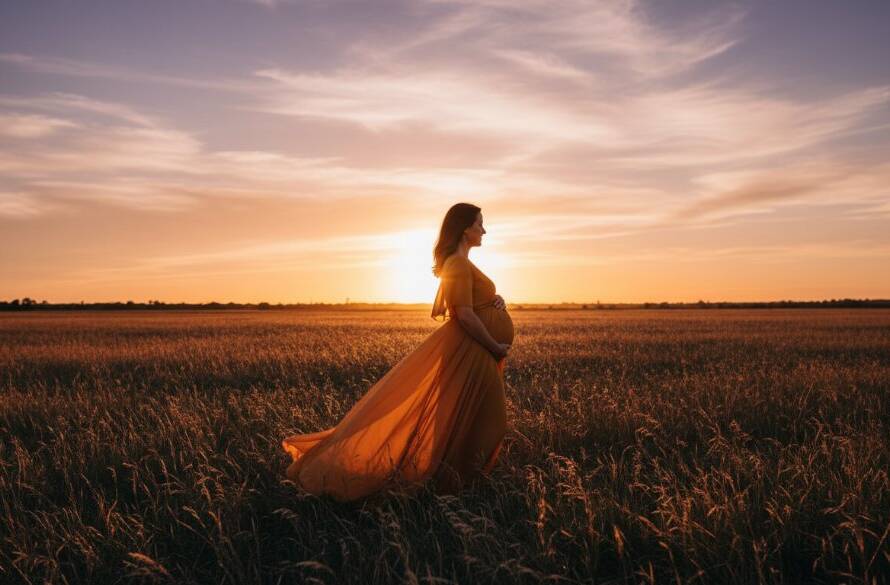 An expectant mother, glowing in a flowing gown, poses against a serene sunset backdrop during her Cranbourne West outdoor maternity photoshoot, capturing an epic moment of natural beauty and anticipation.