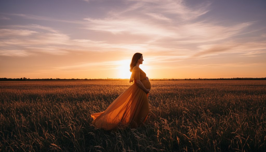 An expectant mother, glowing in a flowing gown, poses against a serene sunset backdrop during her Cranbourne West outdoor maternity photoshoot, capturing an epic moment of natural beauty and anticipation.