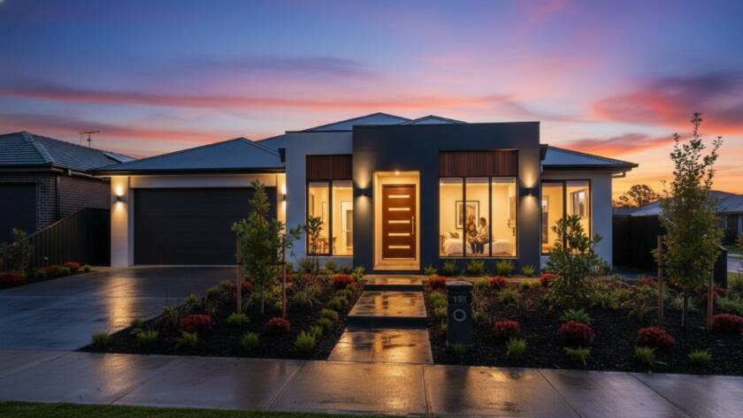 A stunning twilight 'epic moment' photograph showcasing a modern family home in Cranbourne West, Victoria, professionally captured with dramatic lighting, highlighting its architectural features and lush garden, epitomizing premium Cranbourne West property photography for impactful listings.