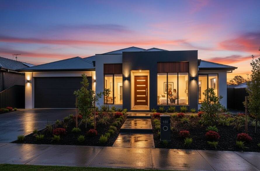 A stunning twilight 'epic moment' photograph showcasing a modern family home in Cranbourne West, Victoria, professionally captured with dramatic lighting, highlighting its architectural features and lush garden, epitomizing premium Cranbourne West property photography for impactful listings.