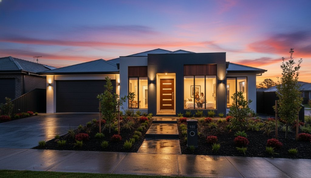 A stunning twilight 'epic moment' photograph showcasing a modern family home in Cranbourne West, Victoria, professionally captured with dramatic lighting, highlighting its architectural features and lush garden, epitomizing premium Cranbourne West property photography for impactful listings.