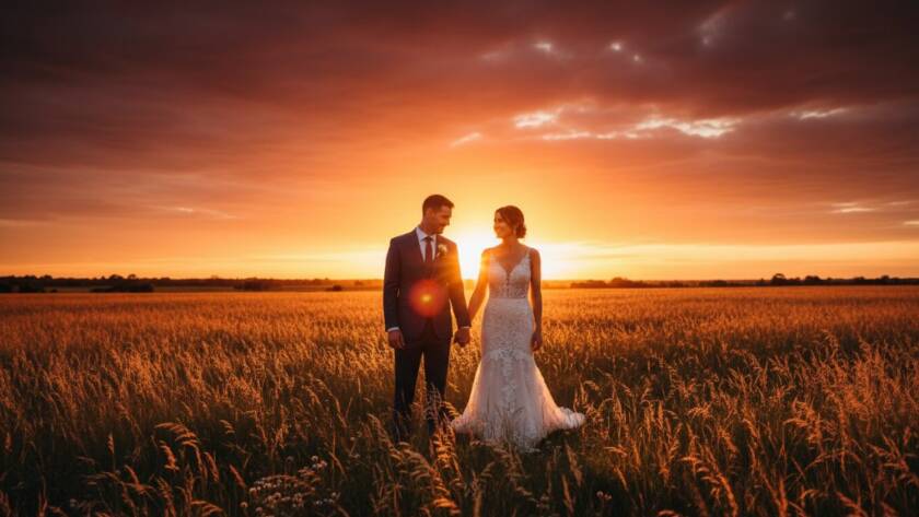 An epic, emotionally charged photograph capturing a couple sharing a romantic, intimate moment at sunset in Cranbourne West, illuminated by warm, golden light. This image embodies Cranbourne West Romantic Wedding Photography with professional color grading and dramatic composition.