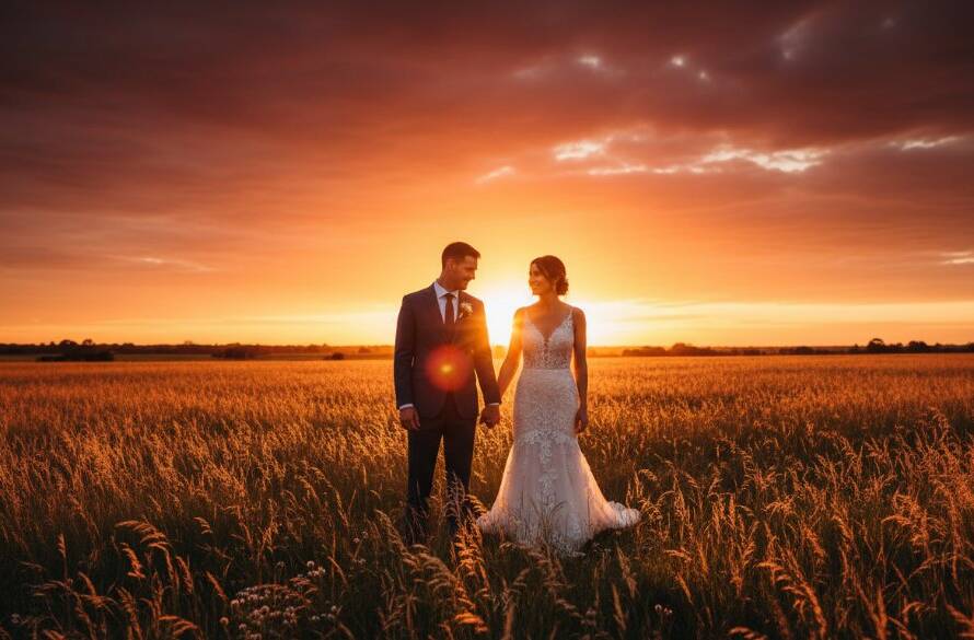 An epic, emotionally charged photograph capturing a couple sharing a romantic, intimate moment at sunset in Cranbourne West, illuminated by warm, golden light. This image embodies Cranbourne West Romantic Wedding Photography with professional color grading and dramatic composition.