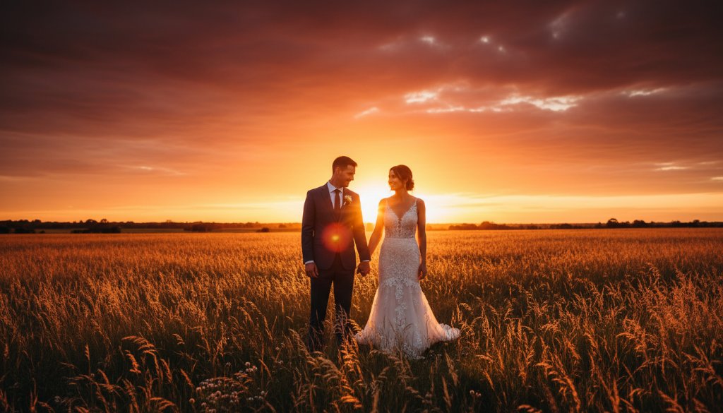 An epic, emotionally charged photograph capturing a couple sharing a romantic, intimate moment at sunset in Cranbourne West, illuminated by warm, golden light. This image embodies Cranbourne West Romantic Wedding Photography with professional color grading and dramatic composition.