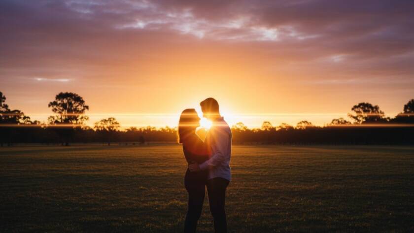 A couple shares a tender, joyful embrace at sunset in a sprawling Cranbourne West park, capturing their Cranbourne West Storybook Engagement Photography moment with dramatic backlighting and a warm, golden hour glow, reflecting their deep connection.