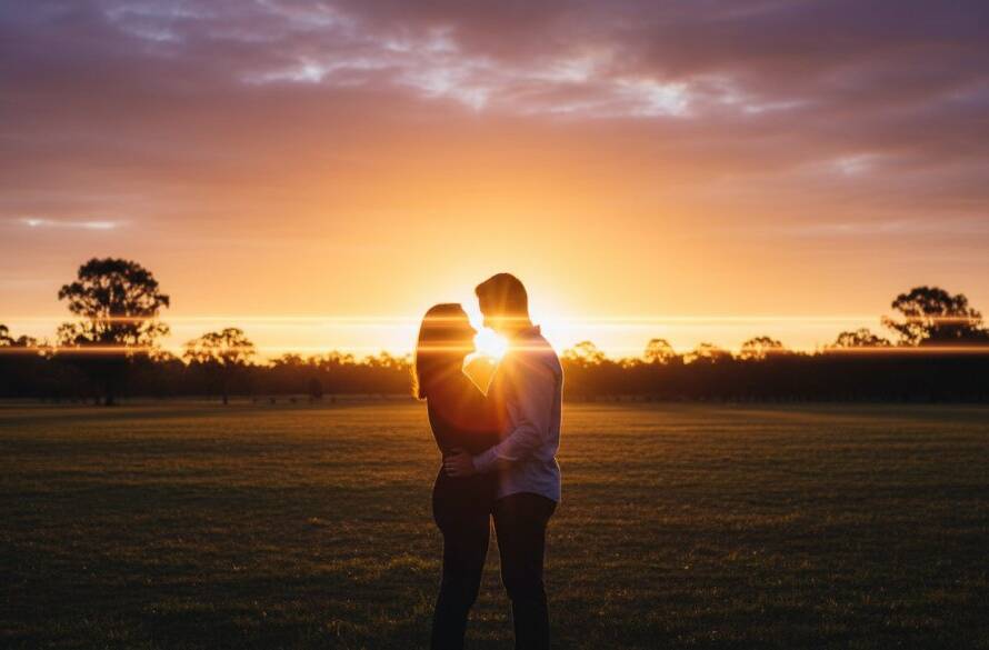 A couple shares a tender, joyful embrace at sunset in a sprawling Cranbourne West park, capturing their Cranbourne West Storybook Engagement Photography moment with dramatic backlighting and a warm, golden hour glow, reflecting their deep connection.