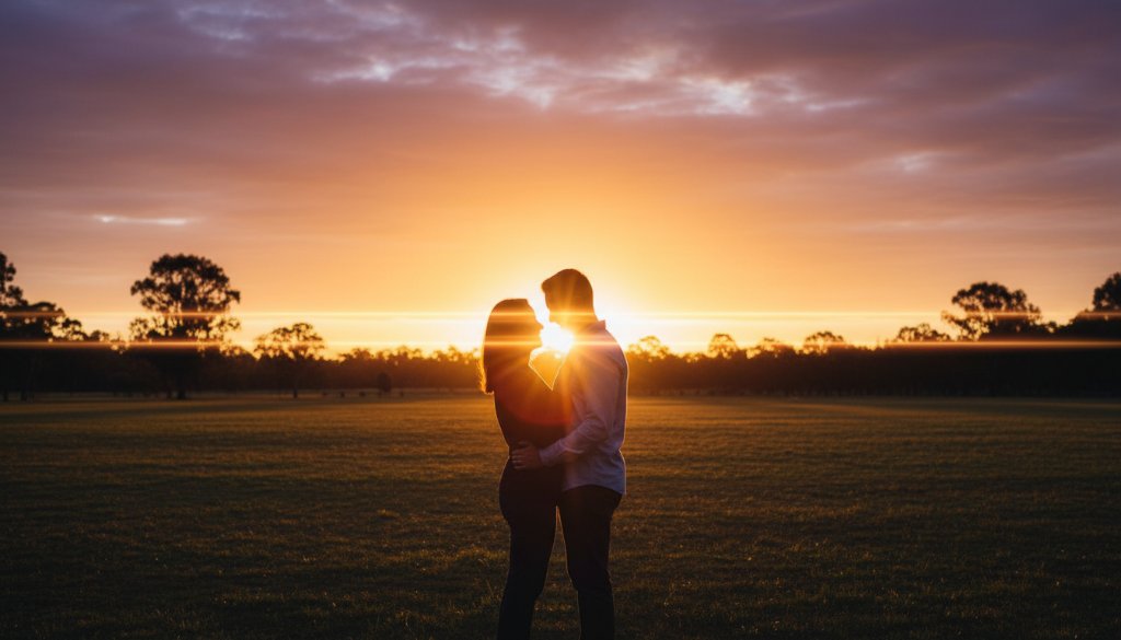 A couple shares a tender, joyful embrace at sunset in a sprawling Cranbourne West park, capturing their Cranbourne West Storybook Engagement Photography moment with dramatic backlighting and a warm, golden hour glow, reflecting their deep connection.