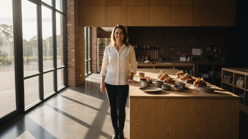 Dynamic wide shot capturing an Alfredton local business owner proudly showcasing a beautifully styled product amidst the modern, airy interior of their establishment, bathed in dramatic, natural light, embodying creative commercial photography Alfredton Victoria excellence.