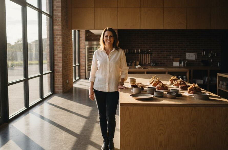 Dynamic wide shot capturing an Alfredton local business owner proudly showcasing a beautifully styled product amidst the modern, airy interior of their establishment, bathed in dramatic, natural light, embodying creative commercial photography Alfredton Victoria excellence.