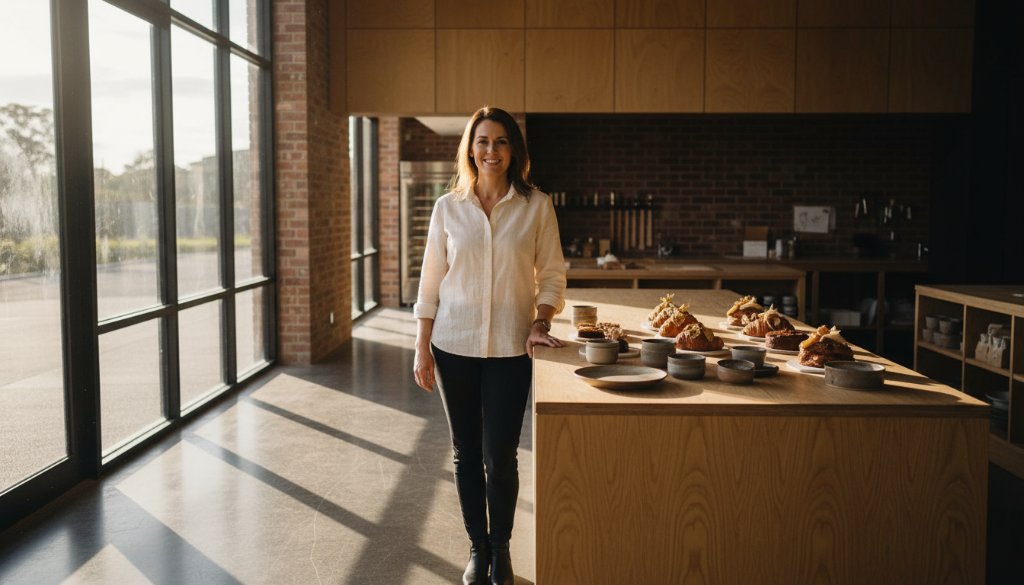 Dynamic wide shot capturing an Alfredton local business owner proudly showcasing a beautifully styled product amidst the modern, airy interior of their establishment, bathed in dramatic, natural light, embodying creative commercial photography Alfredton Victoria excellence.