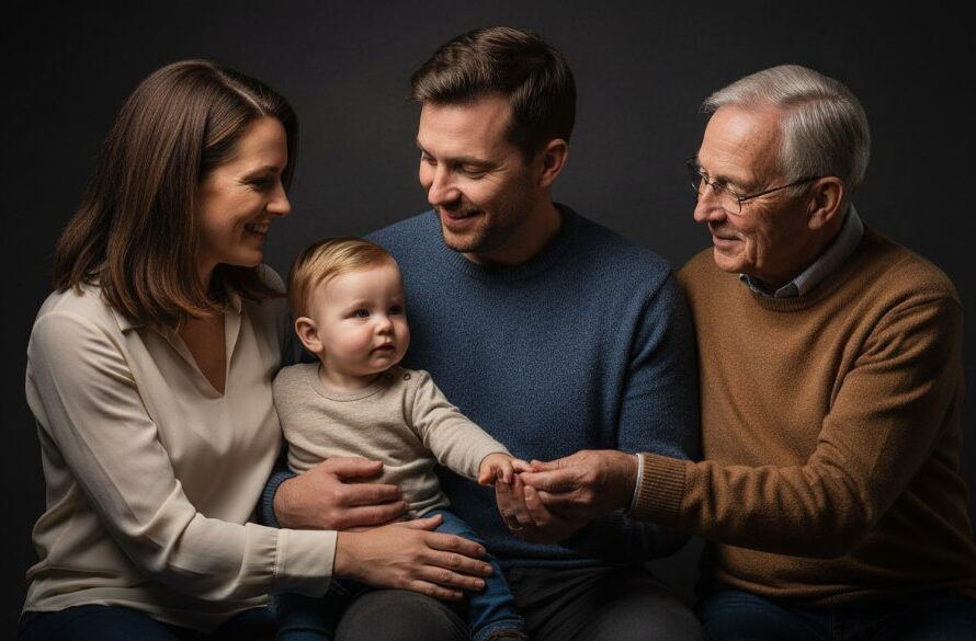 Dramatic and emotional scene capturing creative family studio portraits in Mount Clear, Victoria, with parents tenderly embracing their child amidst soft, ethereal lighting, evoking a sense of timeless connection.