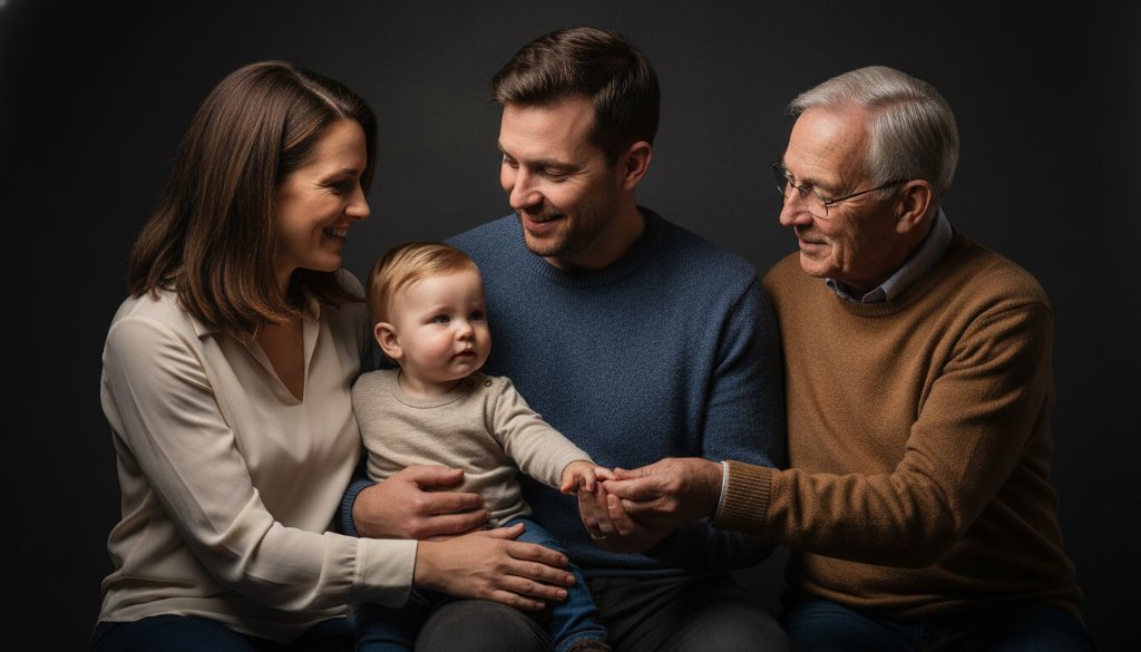 Dramatic and emotional scene capturing creative family studio portraits in Mount Clear, Victoria, with parents tenderly embracing their child amidst soft, ethereal lighting, evoking a sense of timeless connection.