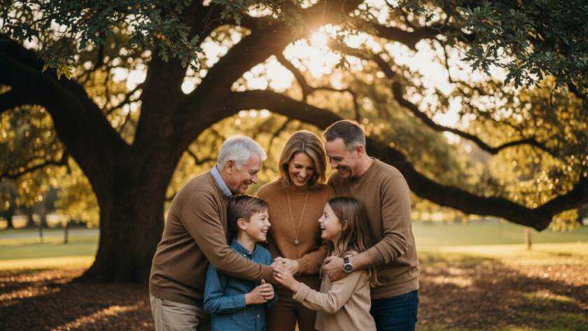 A captivating Creative Fine Art Photography McKinnon Family Portraits featuring a multi-generational family embracing at golden hour under a grand oak tree in a vibrant McKinnon park, bathed in dramatic warm light, conveying deep connection and joy.