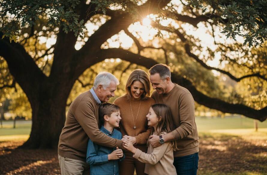 A captivating Creative Fine Art Photography McKinnon Family Portraits featuring a multi-generational family embracing at golden hour under a grand oak tree in a vibrant McKinnon park, bathed in dramatic warm light, conveying deep connection and joy.