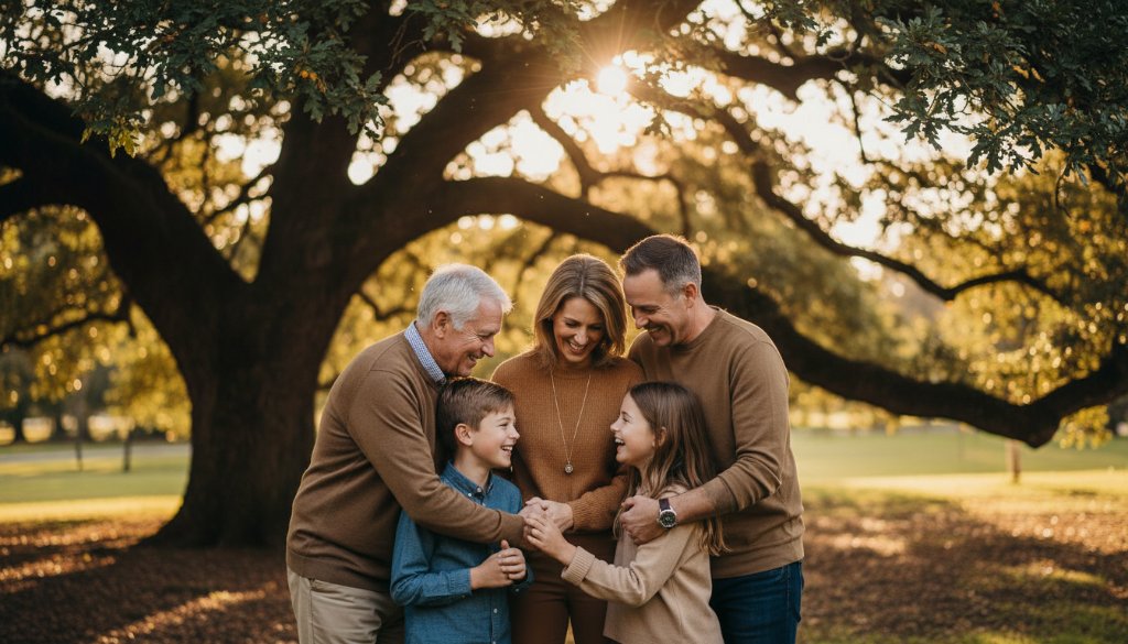 A captivating Creative Fine Art Photography McKinnon Family Portraits featuring a multi-generational family embracing at golden hour under a grand oak tree in a vibrant McKinnon park, bathed in dramatic warm light, conveying deep connection and joy.